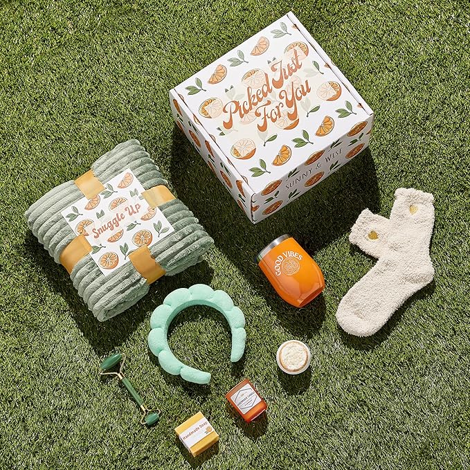 Sunny&Wise Care Package For Women - Designed in USA - Self Care Gifts After Surgery, Get Well Soon, Orange Fruit Themed, Thinking of You, 12 Oz Good Vibes Tumbler - Bloomnest