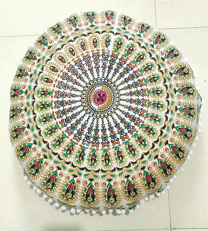 INDIAN CRAFT CASTLE 24" Musturd Peacock Mandala Barmeri Large Floor Pillow Cover Cushion Meditation Seating Ottoman Throw Cover Hippie Decorative Zipped Bohemian Pouf Ottoman Pom Pom Cases 24" Round - Bloomnest