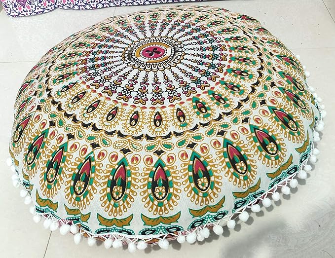 INDIAN CRAFT CASTLE 24" Musturd Peacock Mandala Barmeri Large Floor Pillow Cover Cushion Meditation Seating Ottoman Throw Cover Hippie Decorative Zipped Bohemian Pouf Ottoman Pom Pom Cases 24" Round - Bloomnest