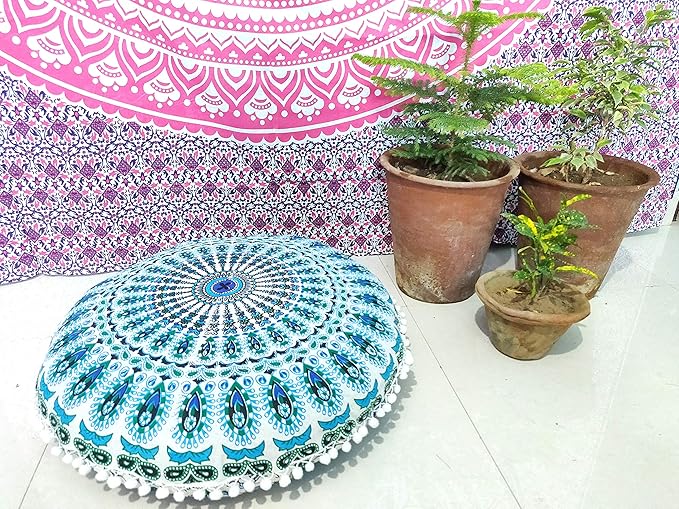 INDIAN CRAFT CASTLE 24" Green Peacock Mandala Barmeri Large Floor Pillow Cover Cushion Meditation Seating Ottoman Throw Cover Hippie Decorative Zipped Bohemian Pouf Ottoman Pom Pom Cases 24" Round - Bloomnest