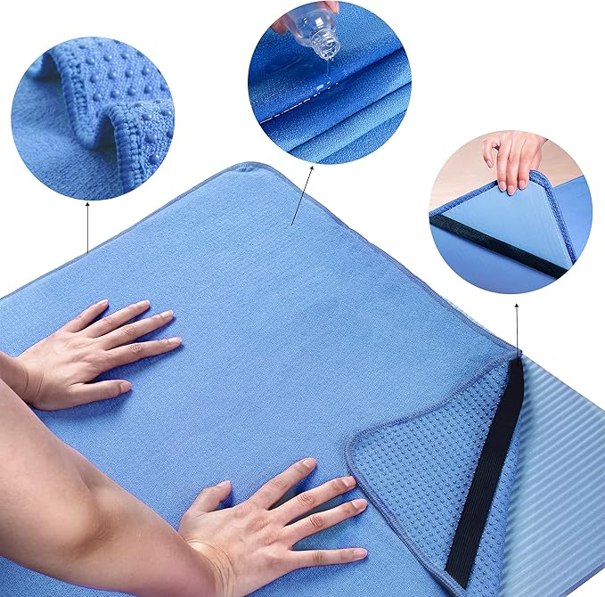 POLYTE Microfiber Hot Yoga Towel Mat with Non-Slip Silicone Grip and Secure Fit Elastic Straps, 24 x 72 in (Blue) - Bloomnest