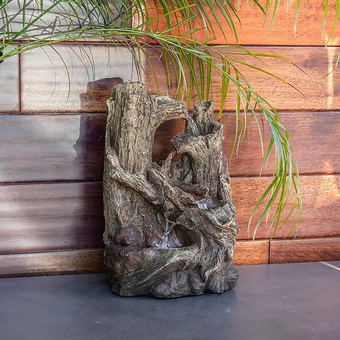 Alpine Corporation WIN786S Indoor 5 Tiered Rainforest Tree Trunk Tabletop Waterfall Fountain with LED Lights, 14" Tall, Brown - Bloomnest