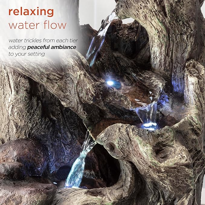 Alpine Corporation WIN786S Indoor 5 Tiered Rainforest Tree Trunk Tabletop Waterfall Fountain with LED Lights, 14" Tall, Brown - Bloomnest