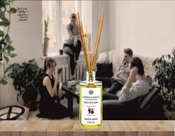 Reed Diffuser | Sandalwood | Made with Sandalwood Essential Oil | Luxurious Reed Diffuser | Handpoured in India | 3.38 fl oz | Includes Fibre Reed Sticks URBANGANGES