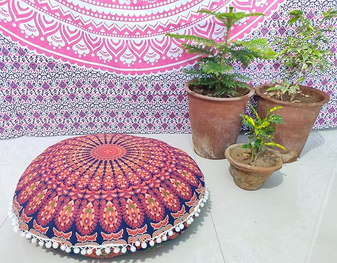 ICC 24" Orange Peacock Mandala Barmeri Large Floor Pillow Cover Cushion Meditation Seating Ottoman Throw Cover Hippie Decorative Zipped Bohemian Pouf Ottoman Pom Pom Cases 24" Round - Bloomnest