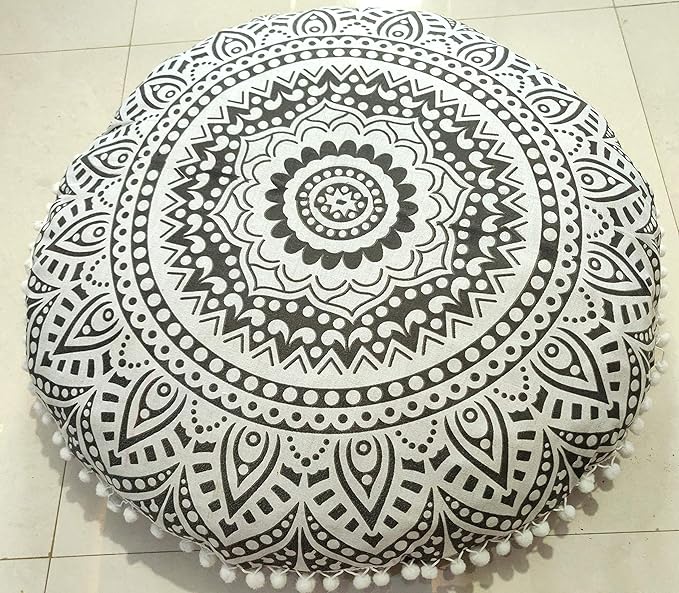 INDIAN CRAFT CASTLE 24" Grey Ombre Mandala Barmeri Large Floor Pillow Cover Cushion Meditation Seating Ottoman Throw Cover Hippie Decorative Zipped Bohemian Pouf Ottoman Pom Pom Cases 24" Round - Bloomnest