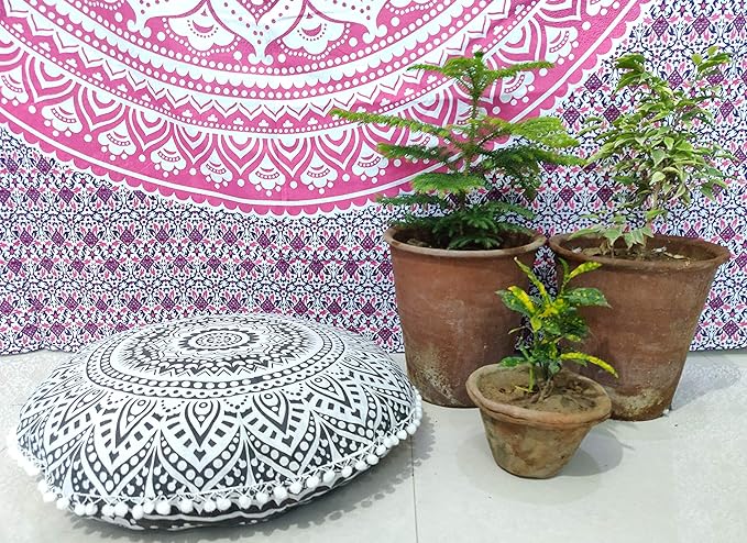 INDIAN CRAFT CASTLE 24" Grey Ombre Mandala Barmeri Large Floor Pillow Cover Cushion Meditation Seating Ottoman Throw Cover Hippie Decorative Zipped Bohemian Pouf Ottoman Pom Pom Cases 24" Round - Bloomnest