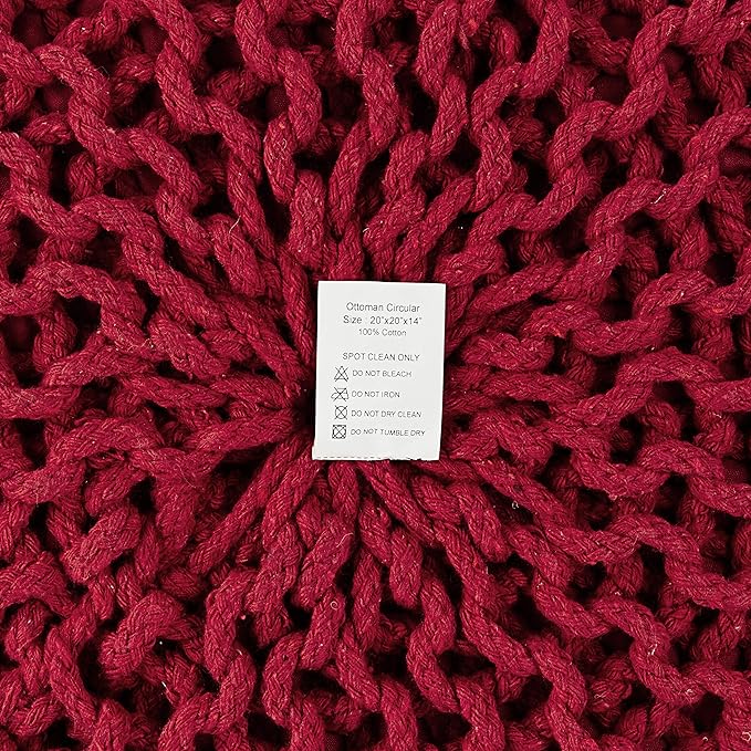 REDEARTH · Round Pouf Ottoman - Hand Knitted Cable Boho Poof - Foot Stool Bean Bag - Home Décor Stuffed Footrest for Living Room - Nursery - Bedroom - 100% Cotton Poufs (19.5"x19.5"x14") - Red - Bloomnest