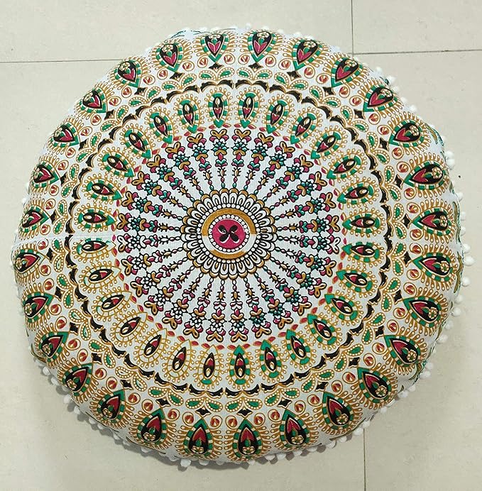 INDIAN CRAFT CASTLE 24" Musturd Peacock Mandala Barmeri Large Floor Pillow Cover Cushion Meditation Seating Ottoman Throw Cover Hippie Decorative Zipped Bohemian Pouf Ottoman Pom Pom Cases 24" Round - Bloomnest