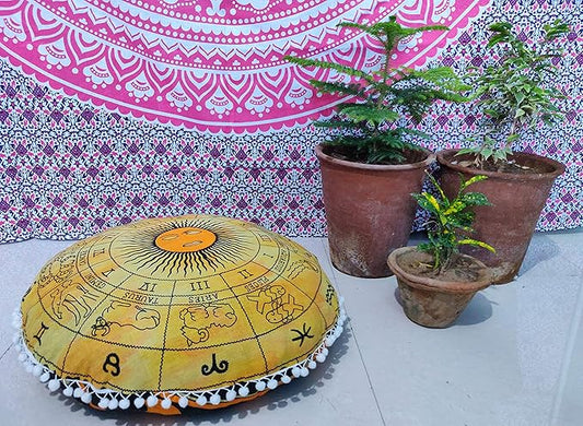 INDIAN CRAFT CASTLE 24" Yellow Zodiac Mandala Barmeri Large Floor Pillow Cover Cushion Meditation Seating Ottoman Throw Cover Hippie Decorative Zipped Bohemian Pouf Ottoman Pom Pom Cases 24" Round - Bloomnest