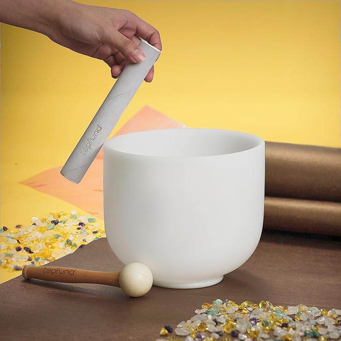 TOPFUND G Note Crystal Singing Bowl Throat Chakra 8 inch with Heavy Duty Carrying Case and Suede Mallet