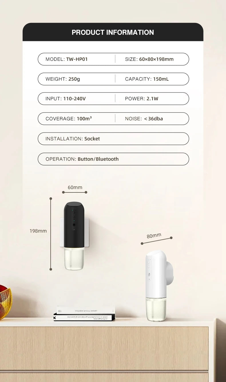 TEABLUM 100m³ Smart Automatic Air Freshener Plug in Diffuser Hotel Scent Diffuser for Home and Toilet 150ml Fragrance Diffuser Bloomnest