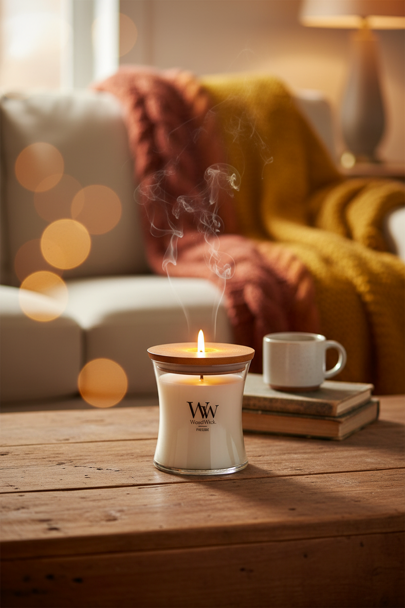 WoodWick Fireside Candle – Crackling Wood Wick, Amber & Musk Scent, 9.7 oz Soy Blend Hourglass Jar (Up to 100-Hour Burn)